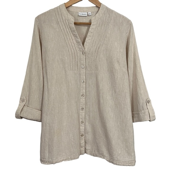Kim Rogers Button-Up Linen Cotton Blend 3/4 Length Sleeve Beige Blouse Sz. Large - Picture 1 of 8